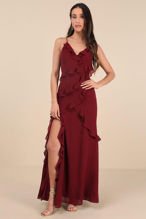 Lulus Fancy Sweetness Ruffled Lace-Up Sleeveless Maxi Dress in Red