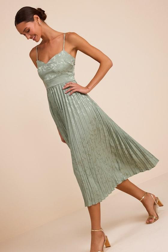 regal romance sage floral jacquard pleated satin midi dress Lulus Regal Romance Sage Floral Jacquard Pleated Satin Midi Dress in Green