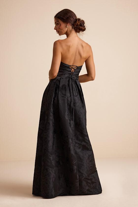laurelin black floral jacquard pleated strapless maxi dress Lulus Laurelin Floral Jacquard Pleated Strapless Maxi Dress in Black