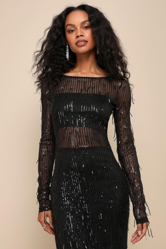 Lulus Sheer Fascination Sheer Mesh Sequin Fringe Maxi Dress in