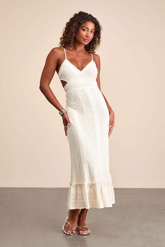 Lulus Oliana Crochet Lace Tiered Cutout Maxi Dress in Natural | Lyst