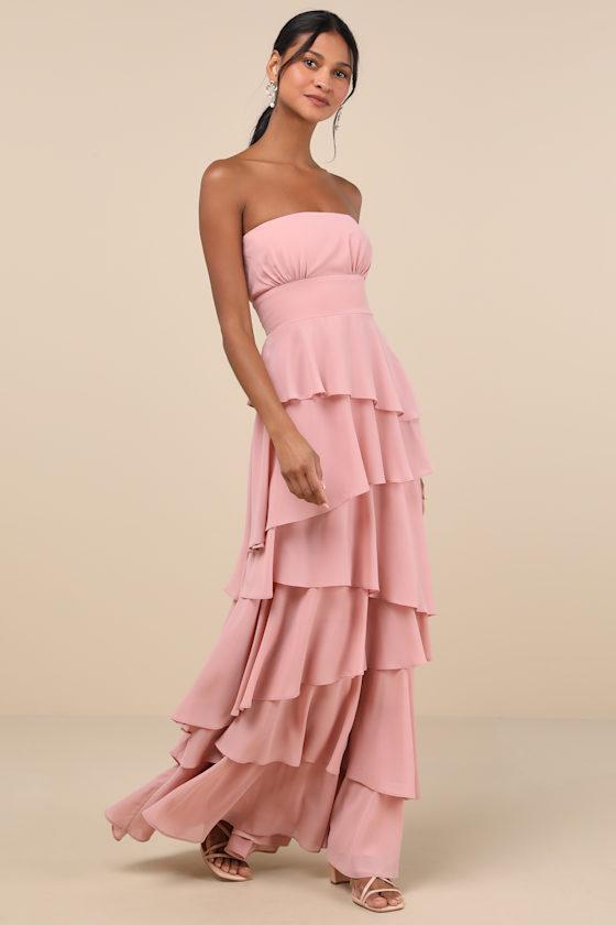 Lulus Gorgeous Essence Blush Strapless Tiered Maxi Dress in Pink | Lyst