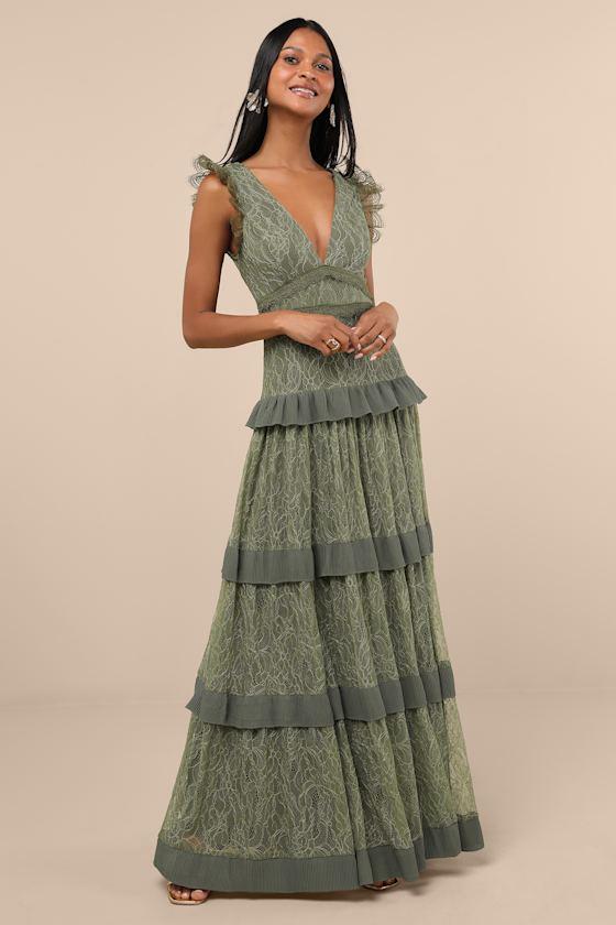 Lulus Marvelous Darling Lace Ruffled Tiered Maxi Dress in Green | Lyst