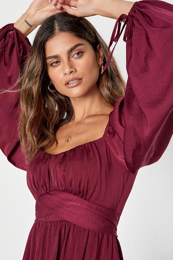 Lulus Vision Of Charm Satin Long Sleeve Skater Mini Dress in Red