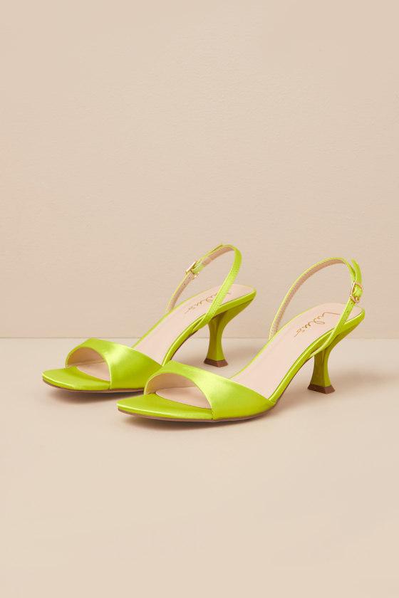 Lulus Soline Lime Satin Slingback Low Heel Sandals in Yellow Lyst UK