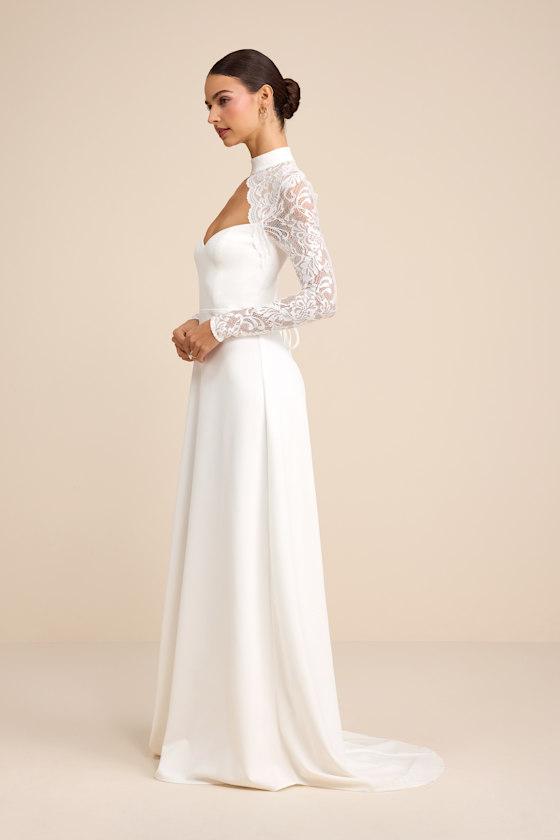 Lulus Keeley Lace Mock Neck Long Sleeve Maxi Dress in Natural | Lyst