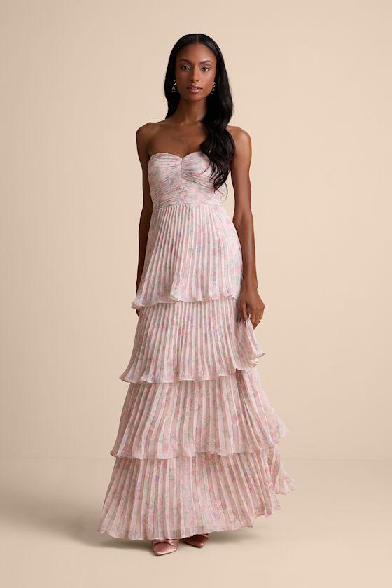 seriously sensational light pink strapless tiered maxi dress Lulus Seriously Sensational Blush Floral Strapless Tiered Maxi Dress in Pink