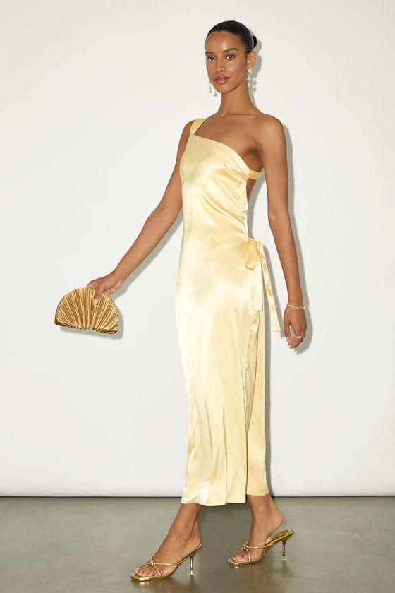 satin gold midi dress Off-the-Shoulder Cowl-Neck Satin Prom Dress with Slit– PromGirl