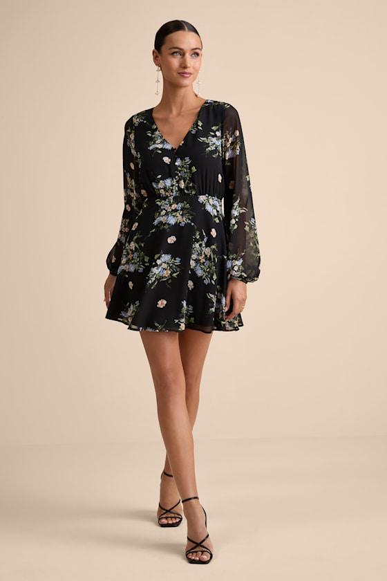 long sleeve backless skater dress Thriller Long Sleeve Backless Mini Dress Floral Black