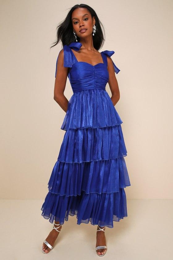 Lulus::Organza Tiered マキシドレス:L[RESALE] Shiny Gold Organza Dress - Tiered Maxi Dress - Tie-Strap