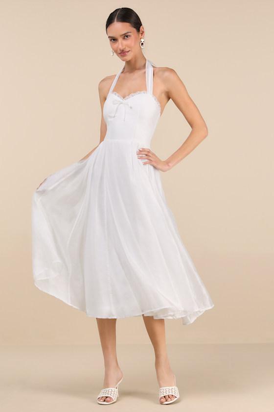 chinese dress ladies Rosee de Matin Halter Neck Lace Midi Dress in White
