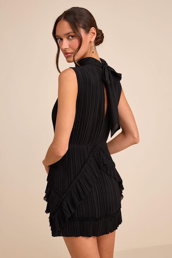 Lulus Alvana Plisse Mock Neck Ruffled Mini Dress in Black | Lyst