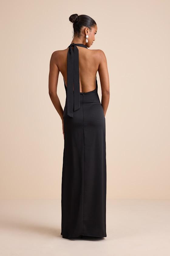 Lulus Carmelo Satin Halter Neck Backless Maxi Dress in Black | Lyst