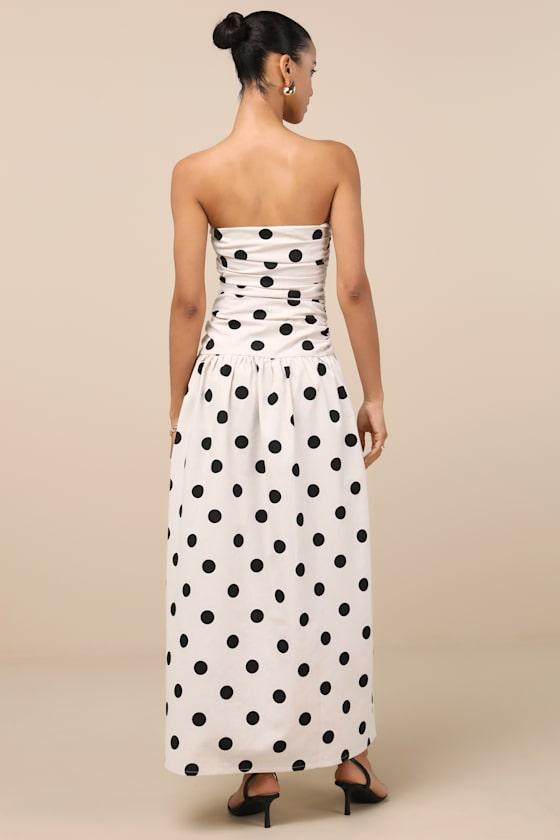 4th & Reckless Brona Cream Polka Dot Ruched Drop Waist Strapless Midi Dress  in White | Lyst