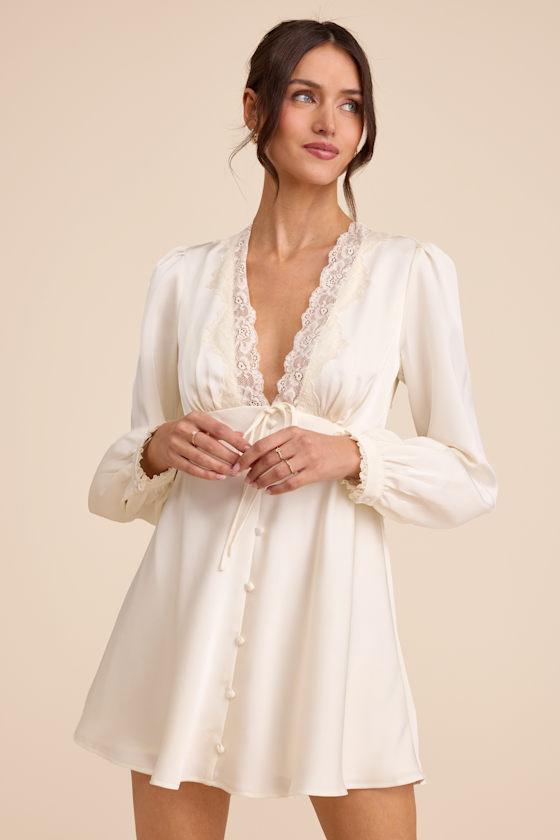 Lulus Goldia Satin Long Sleeve Babydoll Mini Dress in Natural | Lyst Lulus Goldia Satin Long Sleeve Babydoll Mini Dress in Natural | Lyst