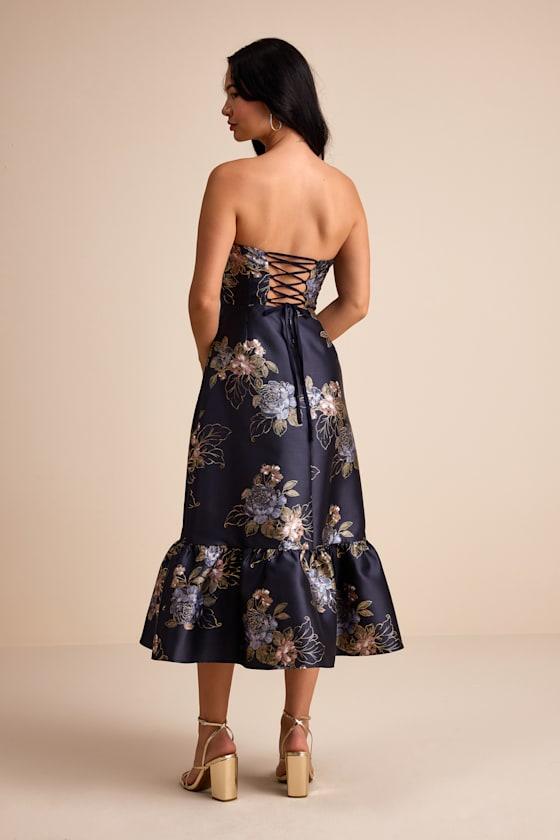 Lulus Yashelle Floral Taffeta Strapless Tiered Corset Midi Dress in Natural  | Lyst
