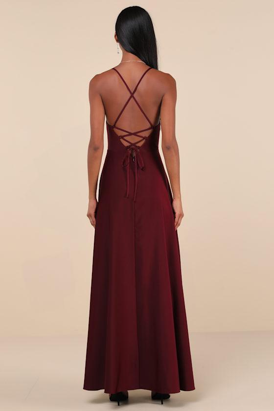 Lulus Stylish Grace Dark Plum Backless Lace-Up Ruffled Maxi Dress