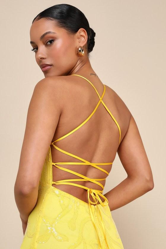 chinese dress ladies Yellow Tulle Applique Lace-Up Long Prom Dress, Yellow Lace Long Formal –  Eip Collection main image 0