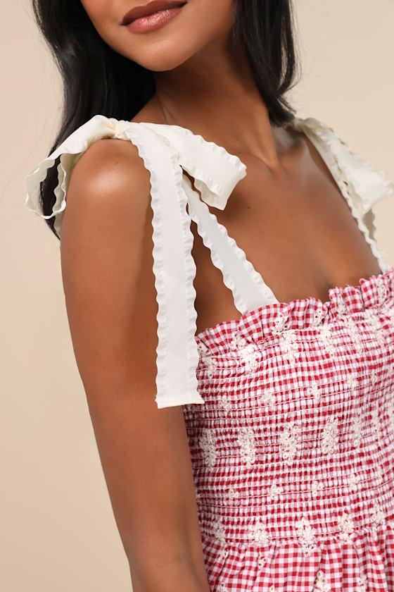 JACQUIE THE LABEL Isabella Gingham Embroidered Tiered Midi Dress in Pink |  Lyst