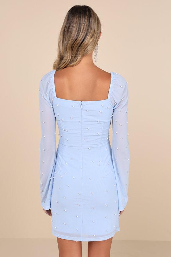 Lulus Flirty Luxury Mesh Pearl Long Sleeve Mini Dress in Blue | Lyst Lulus Flirty Luxury Mesh Pearl Long Sleeve Mini Dress in Blue | Lyst