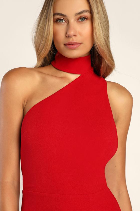 keep it interesting red asymmetrical cutout halter maxi dress Nerea Slip Halter Maxi Dress - Cherry Red