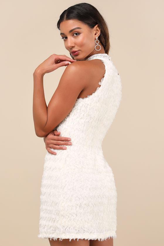 Lulus Absolutely Luxe Cream Textured Pearl Halter Mini Dress in