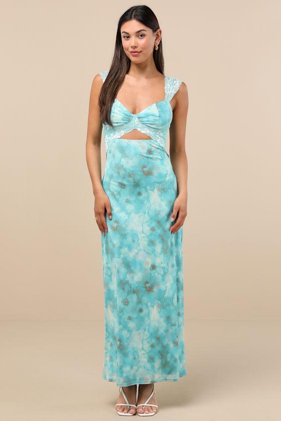 Lulus Endlessly Cute Floral Mesh Cutout Lace Bustier Maxi Dress in Blue |  Lyst