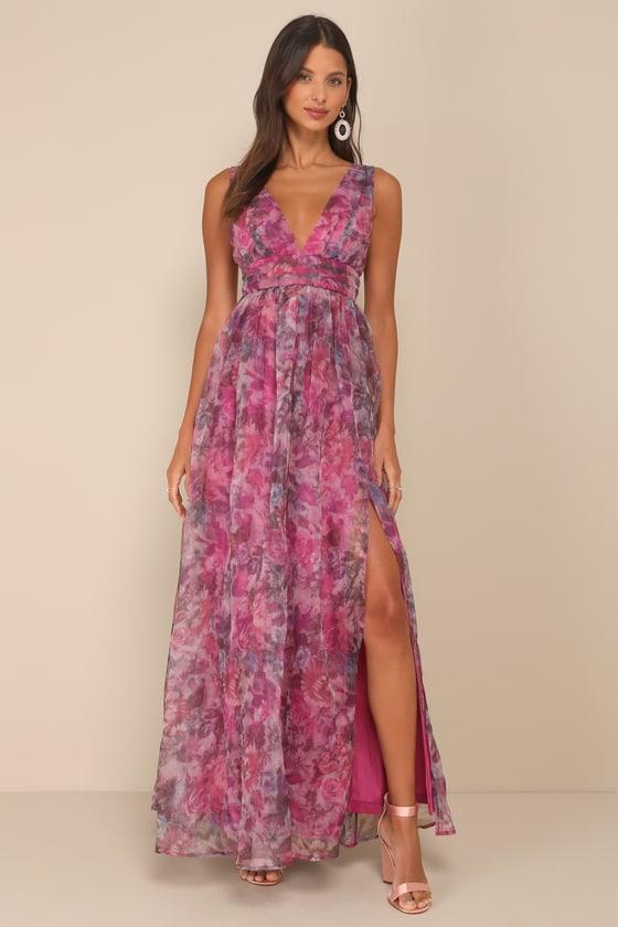 romance that wows magenta floral print organza maxi dress Magenta Floral Print Organza Maxi Dress | Womens | X-Small (Available in M, L) | 100% Polyester | Lulus | Prom Dresses