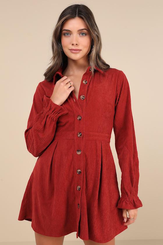 Lulus Autumn Mood Rust Corduroy Mini Dress With Pockets in Red | Lyst