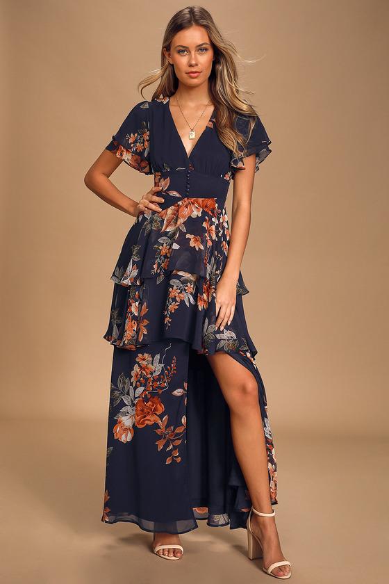 lilja navy blue floral print maxi dress Lulus Midnight Mood Floral Print Tiered Maxi Dress in Blue