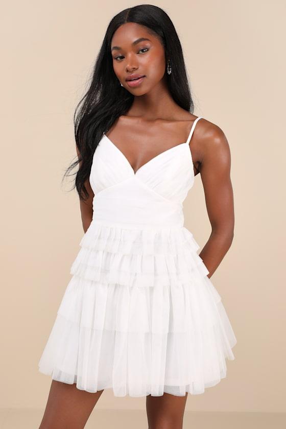 striking sensation black tulle tiered ruffled mini dress Trendy, Chic Women's Clothing Boutique MABLE Little Black Tulle Halter Dress for Women, Black Size S Lane 201