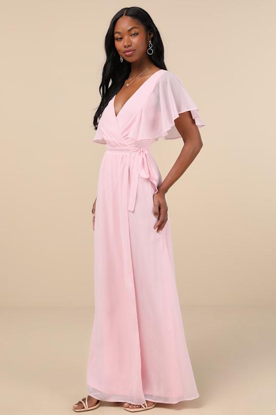 lulus pink bridesmaid dress Convincing Grace Light Blush Flutter Sleeve Wrap Maxi in pattern_Buttons Hidden back zipper/clasp Gallery - Miami - Material Content:100% Viscose