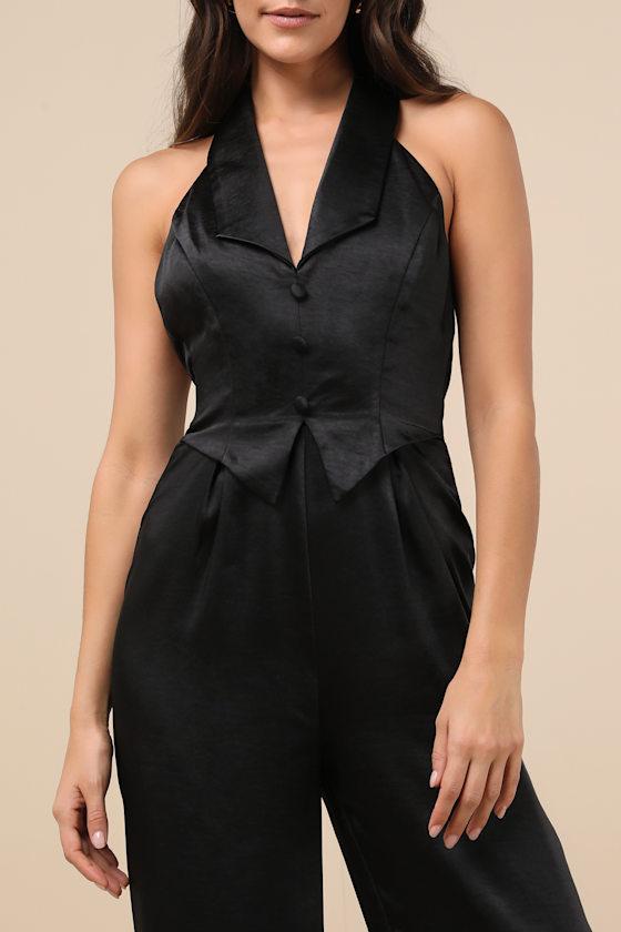 Lulus Sensationally Sophisticated Satin Halter Vest Jumpsuit in