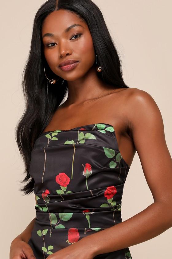 Rare London Truly Refined Rose Print Satin Strapless Mini Dress in