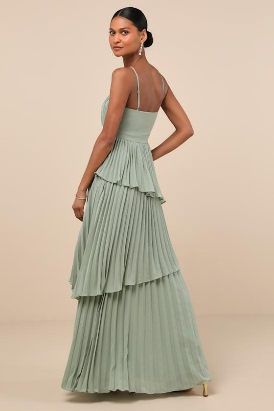 Lulus Jehona Sage Brush Pleated Tiered Maxi Dress in Green Lyst UK