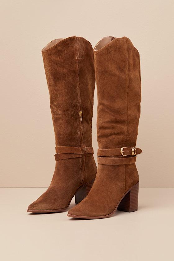 Dolce Vita Tyrone Wide Calf Suede Buckle Pointed Toe Knee High Boots in Brown Lyst UK