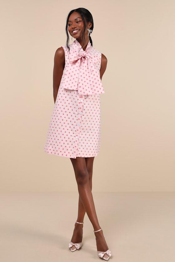Sister Jane Canter Heart Jacquard Tie Neck Button-Front Bow Mini