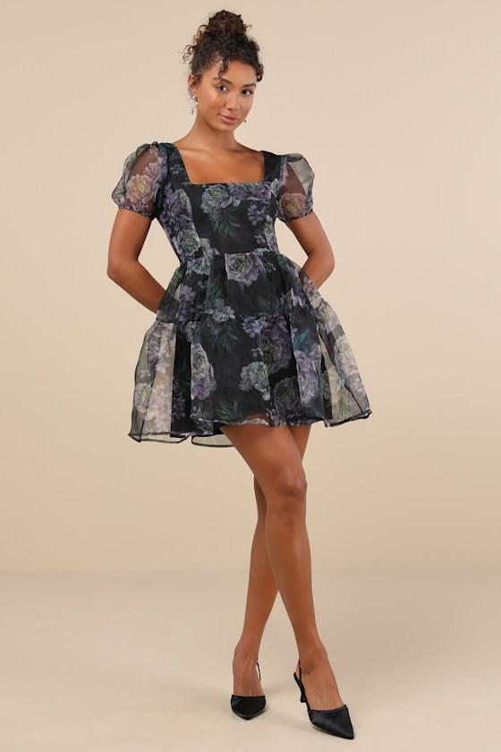Lulus Exceptional Fate Floral Organza Puff Sleeve Mini Dress in