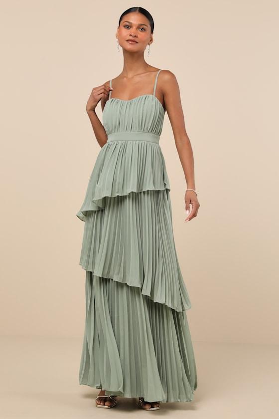 designer sage green dress Sage Green Long Lace Deep V Neck Dress With Lace Up Back main image 1