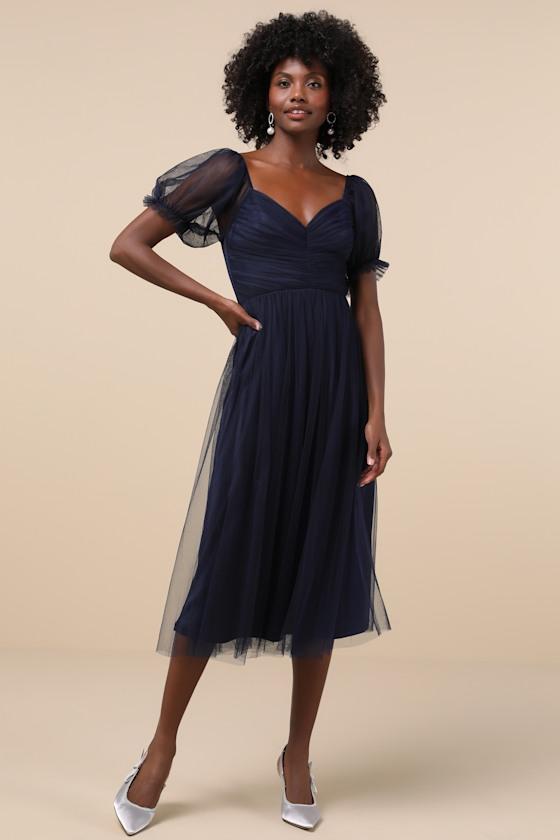 Lulus Glorious Chicness Tulle Pleated Puff Sleeve Midi Dress in Blue Lyst UK