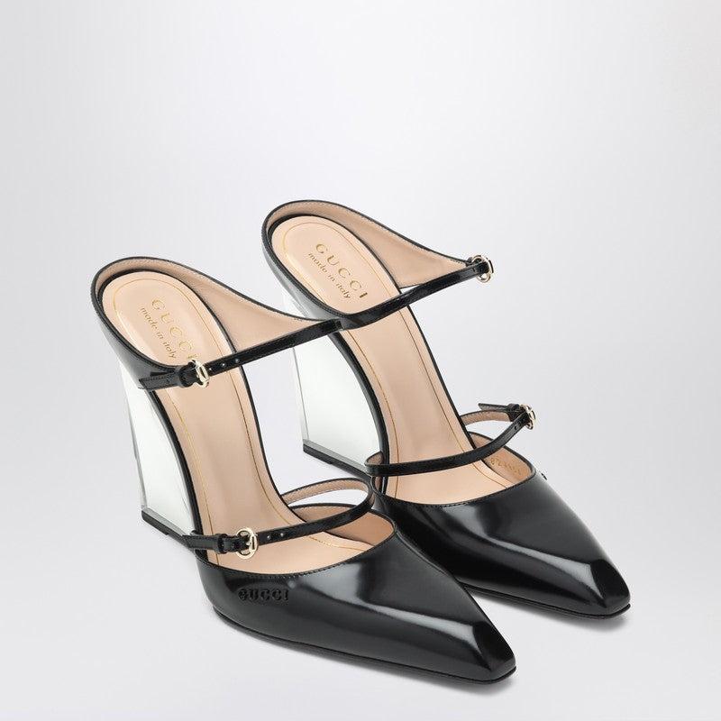サンダル・ミュール GUCCI BLACK SABOTS WITH TRANSPARENT WEDGE Women's wedge mule in black leather | GUCCI® US