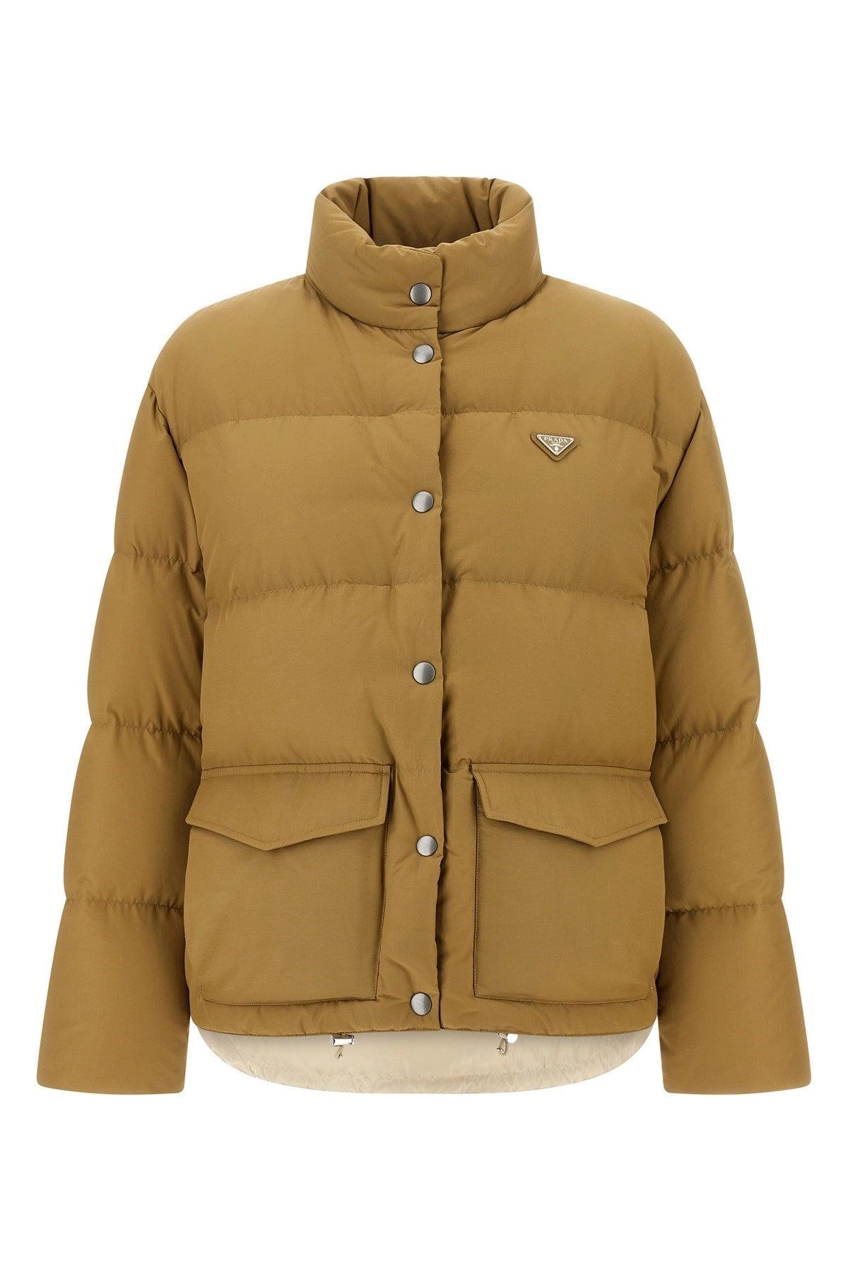 Prada Triangle Logo Down Jacket in Brown | Lyst