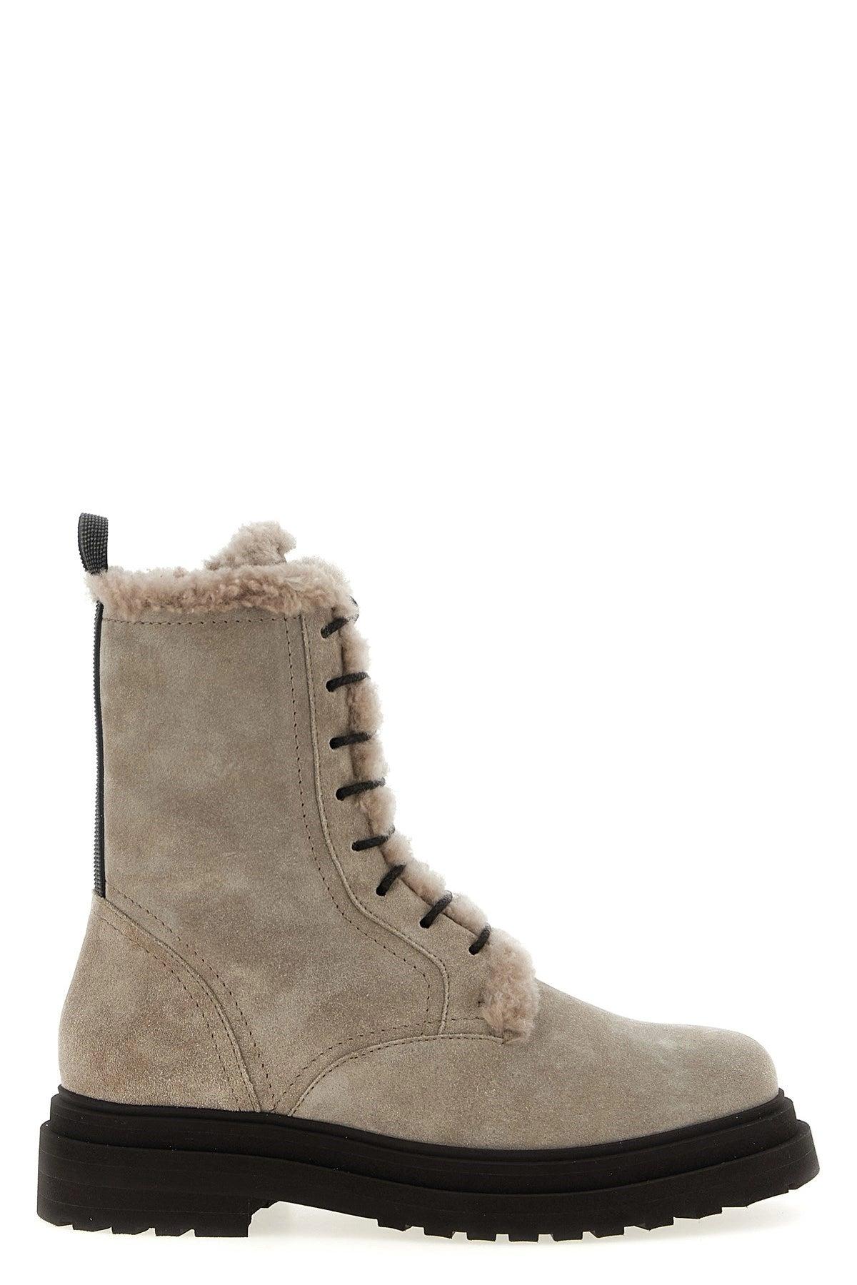ロングブーツ Brunello Cucinelli Suede Boots With Monili Detail Monili suede combat boots in beige - Brunello Cucinelli