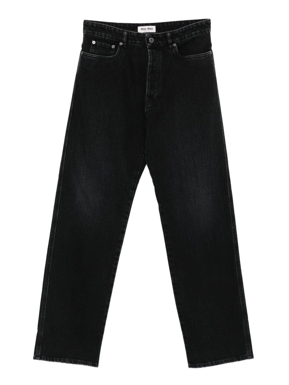 【関税込み】MiuMiu Jeans with leather inserts Miu Miu Logo Patch Wide Leg Jeans in Blue | LN-CC