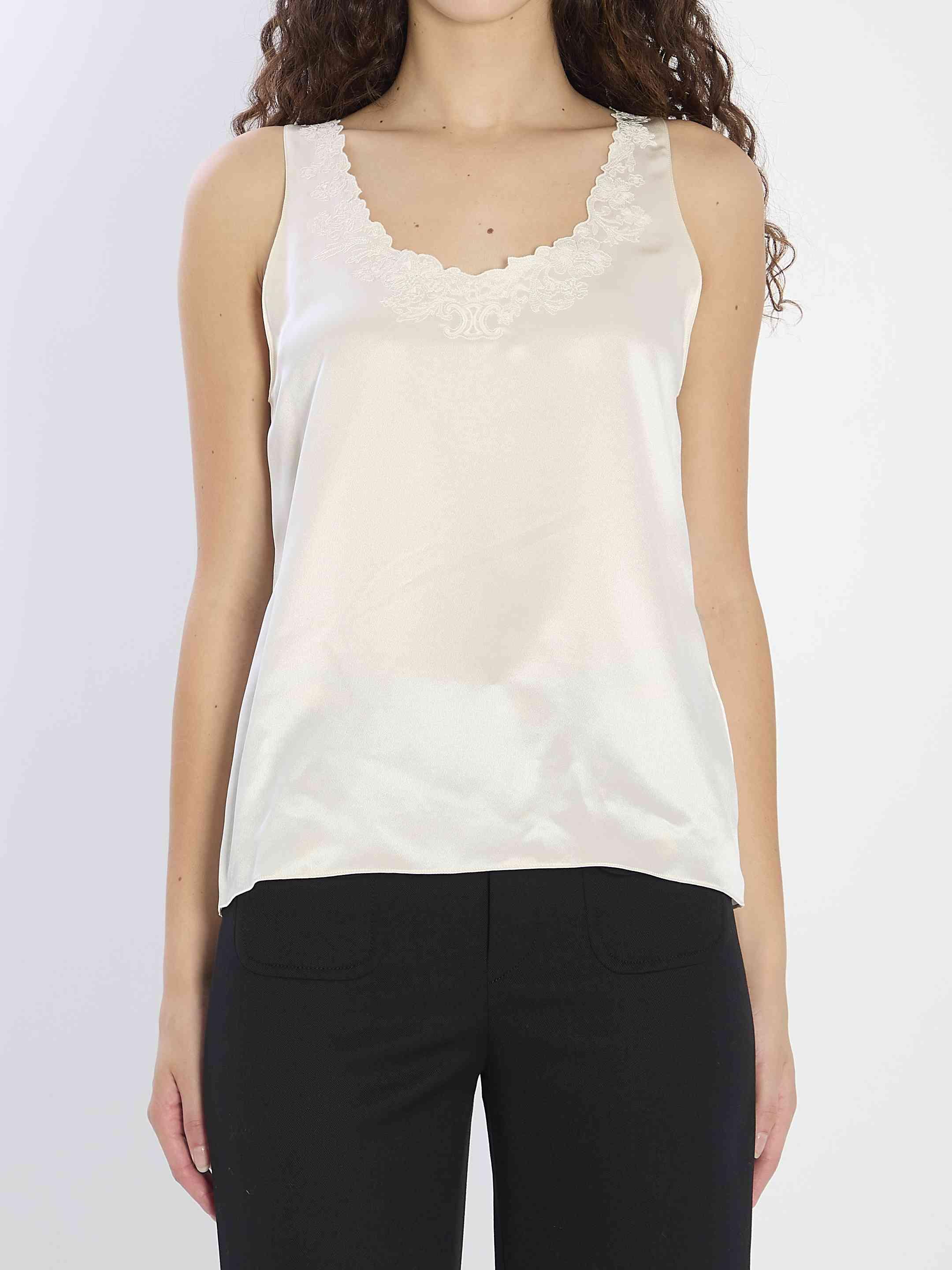 関税込 CELINE | EMBROIDERED TANK TOP IN SILK AND COTTON embroidered triomphe tank top in cotton jersey - OFF WHITE