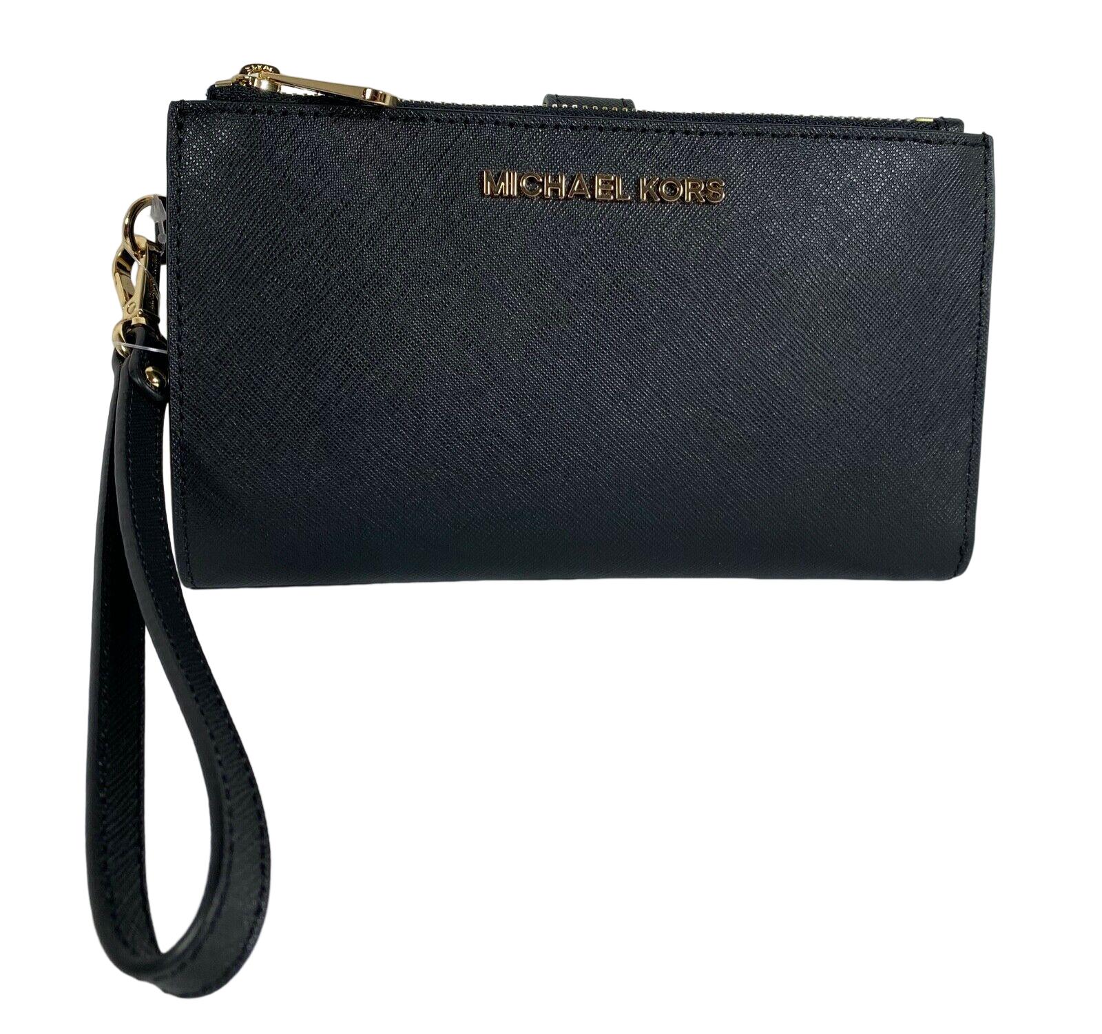 Michael Kors Jet Set Black Leather Double Zip Phone Wristlet Wallet & Gift  Bag | Lyst