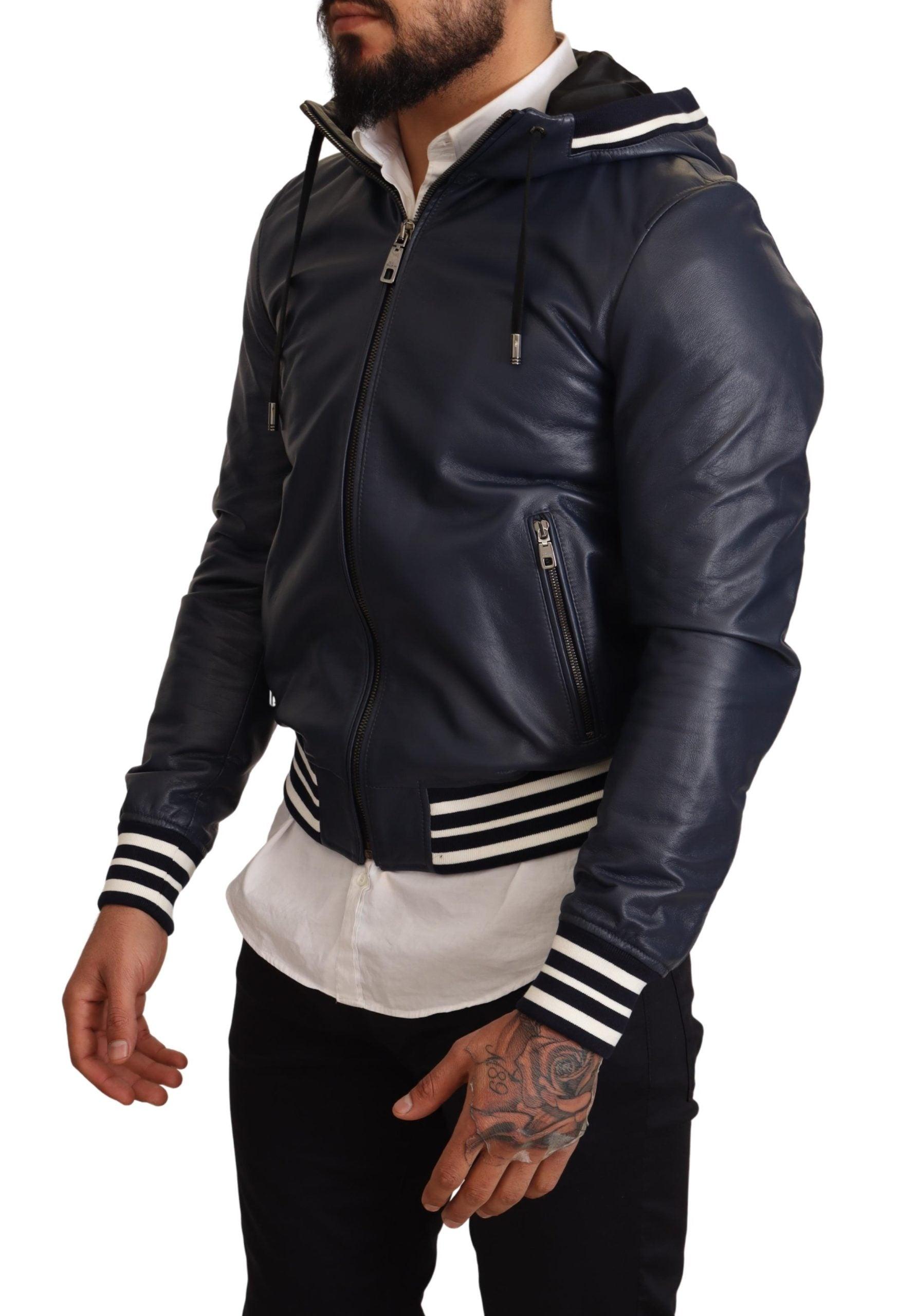 Dolce & Gabbana Blue Leather Hooded Short Bomber Jacket for Men | Lyst