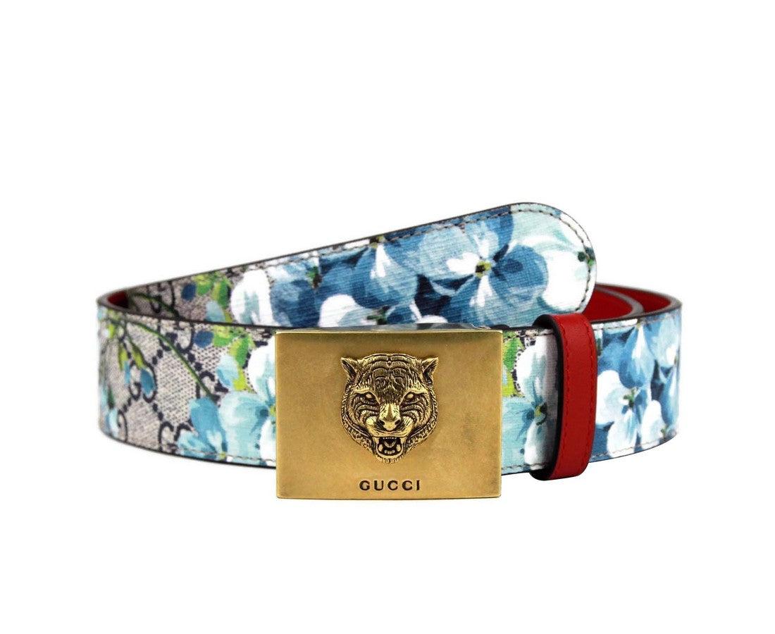 Gucci Bloom Print Belt With Gold Tiger Buckle 546384 8492 in Blue 