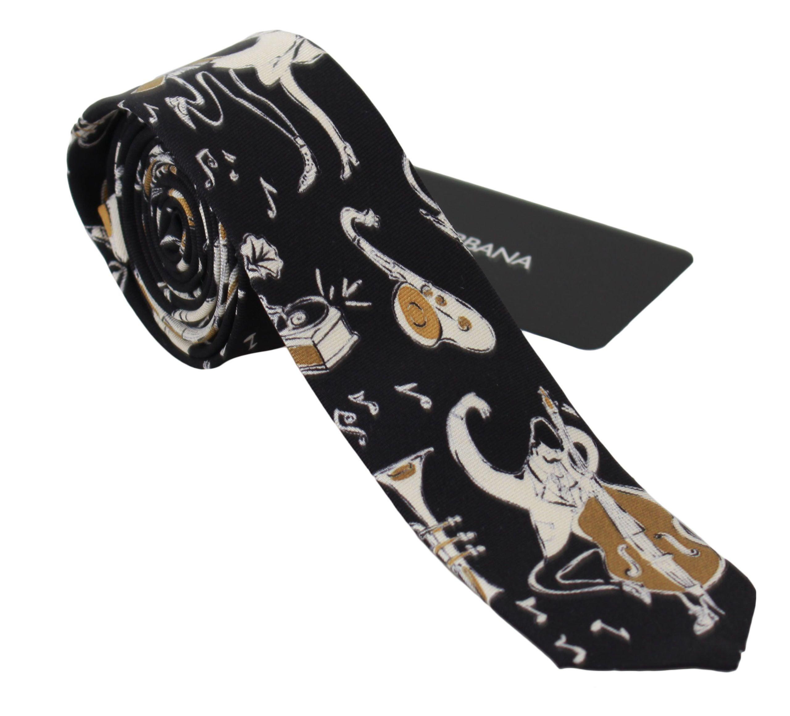 Dolce & Gabbana Black Gold Silk Musical Instrument Print Narrow Tie for