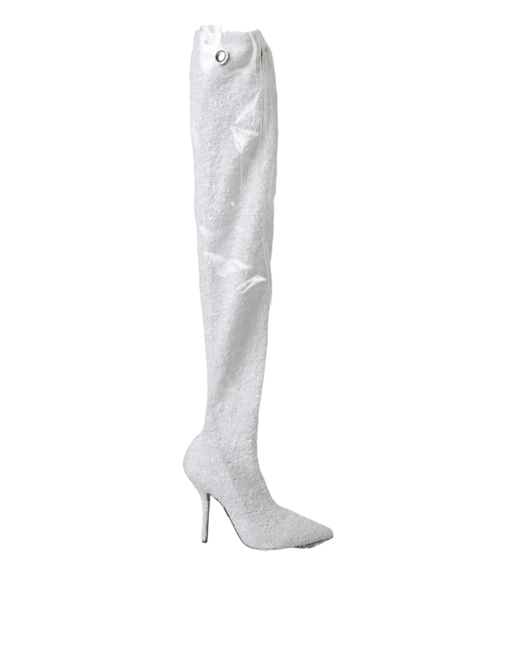 Dolce & Gabbana White Black Leather Knee High Boots Shoes